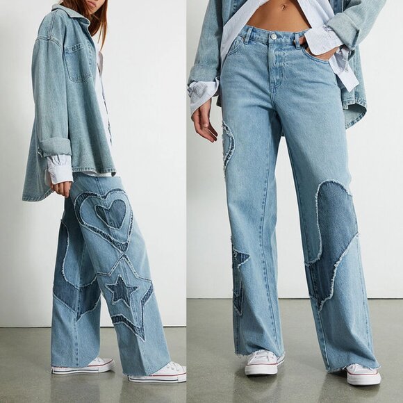 Pacsun Eco Light Blue Patchwork 90s Baggy Jeans 27 Wide Leg Baggy Heart Star Y2K - Picture 2 of 15